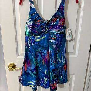 Swim Solutions Blue and Green One Piece V-Neck Swimsuit